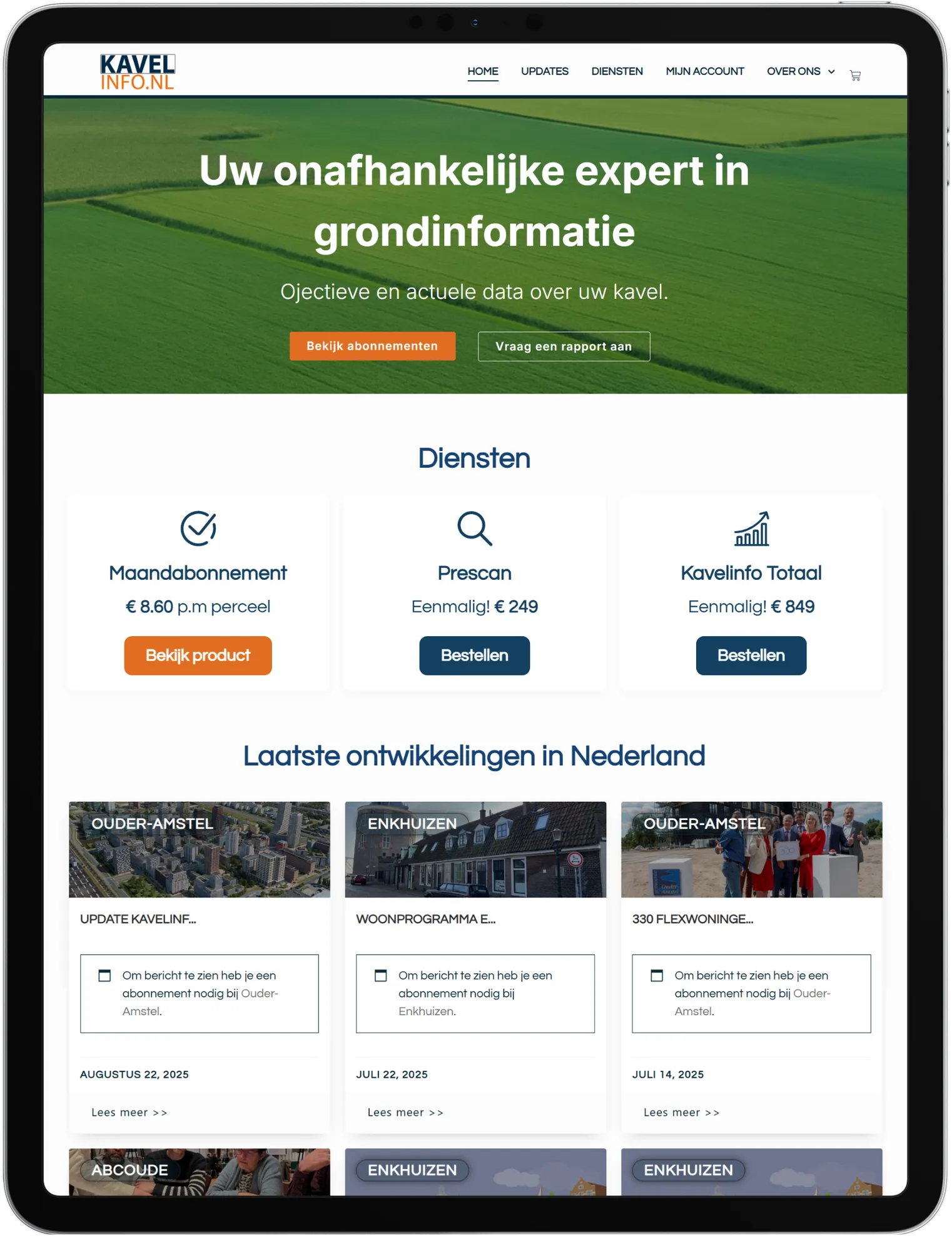 KavelInfo op een tablet met de status per locatie
