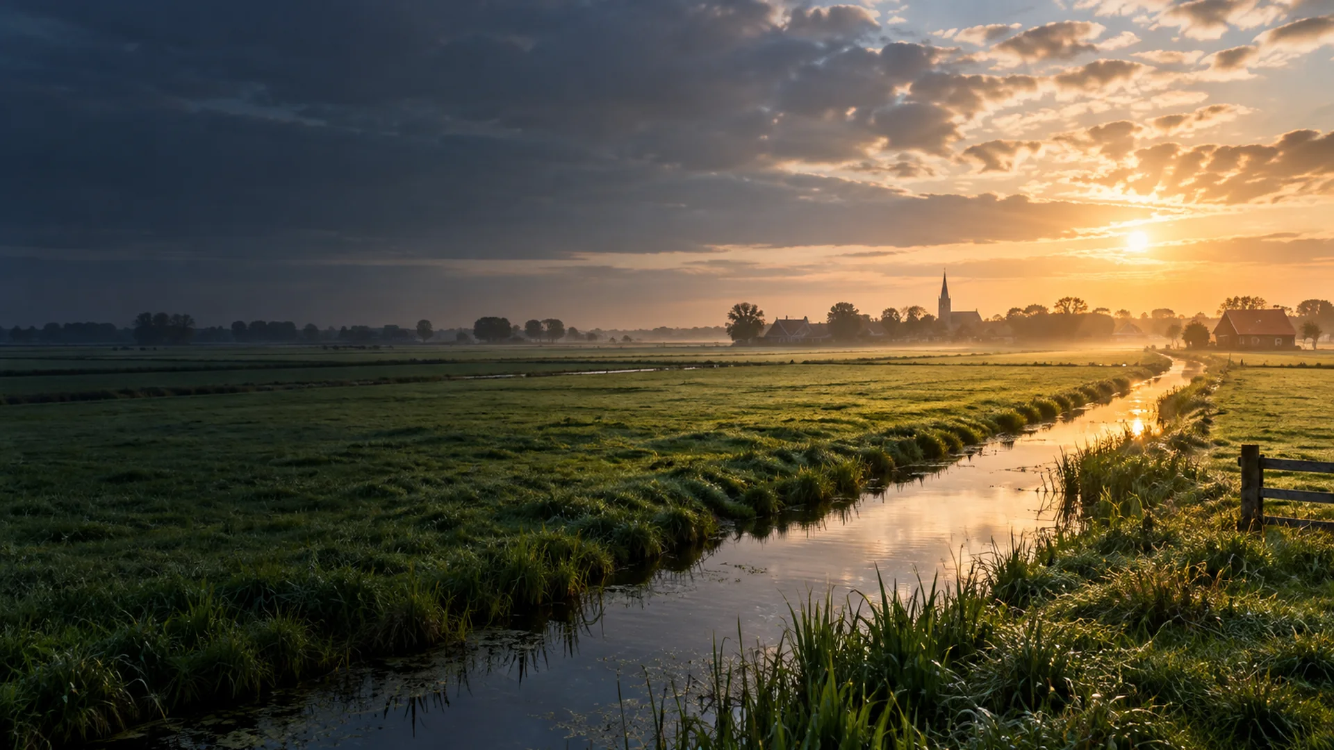 Nederlands polderlandschap met sloten, akkers en een dorp aan de horizon